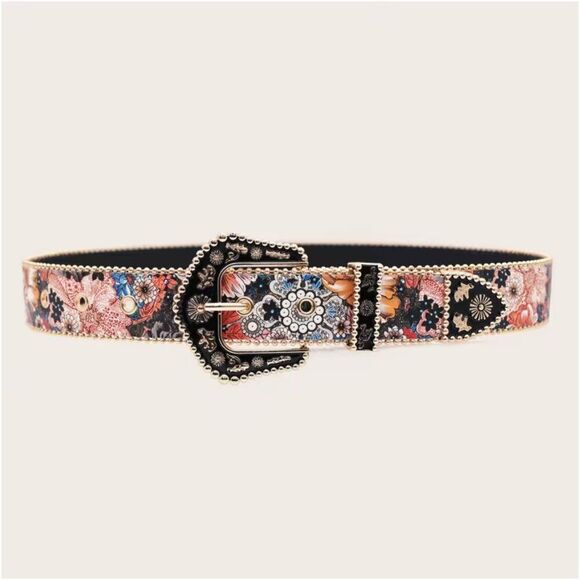 Floral Print Western Belt Red & Blue Golden & Black Enamel Buckle Boho Statement main image 4